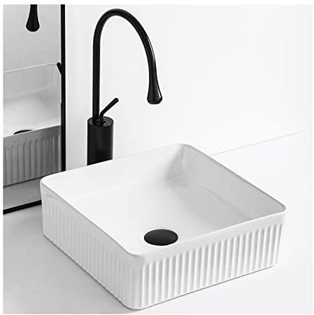 Lavabo Fregadero de baño cuadrado 14.0 x in, fregadero cerámica sobre encimera con grifo, lavabo tocador blanco Lavamanos(Black faucet set)
