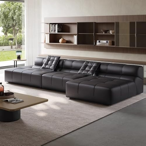 Italiensk lyxig enkel svart L-formad lädersoffa, rymlig och mjuk soffa med massiv träram, modern stor storlek, lämplig för vardagsrum/kontor/lägenhet.