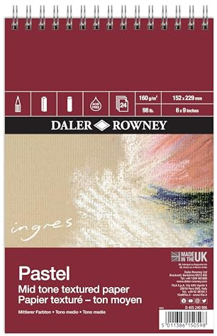 Daler-Rowney Ingres Bloc à spirales de papier pastel 160 g/m² 22,9 x 15,2 cm, texture vernie, 3 couleurs claires assorties, 24 feuilles, pour artistes professionnels et étudiants (ton moyen, 22,9 x