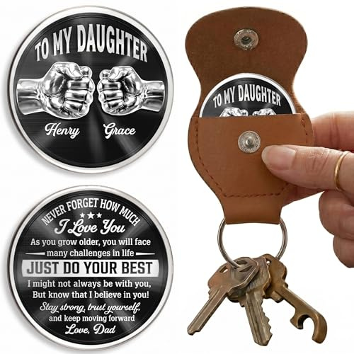 VEELU Personalised To My Daughter Pocket Hug Coin Keychain from Dad, Custom Engraved Key Ring with Name & Text, Double Sided Stainless Steel Token Gifts for Fathers Day for Men Grandad Husband (01)