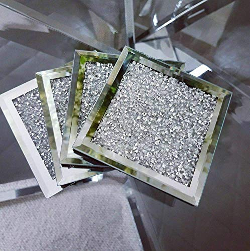 10x10cm Square Shape Sparkle Diamante Crushed Jewel Glass Glitter Coasters Set of 4