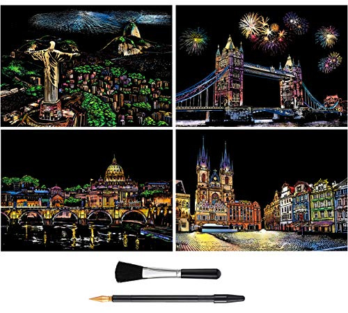 Scratch & Sketch Art for Kids & Adults, Rainbow Painting Night View Scratchboard(A4), Art & Craft, 4 Sheets Scratch Cards & Drawing Pen, Clean Brush (Beautiful City)