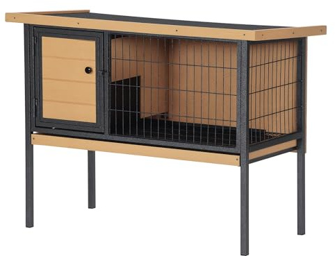 PawHut Rabbit Hutch Elevated Bunny Cage Small Animal Habitat with Metal Frame, No Leak Tray, Metal Wire Pan, Openable Water-Resistant Asphalt Roof for Rabbits, Chickens, Ducks, Indoor/Outdoor Natural