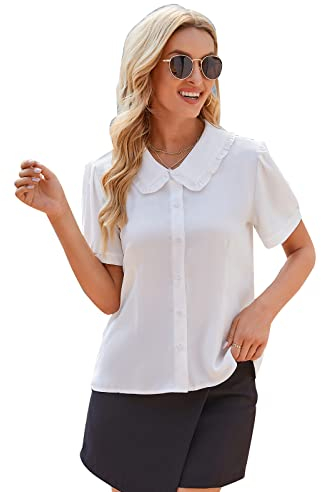 MINTLIMIT Women's Peter Pan Collar Short Sleeves Shirt Tops Button Work Blouse White for Women 2023