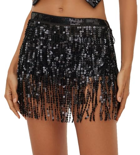 Gonna Paillettes con Nappe con Paillettes Nere per Ragazze Gonna Piume Nere Danza del Ventre Sciarpa alla Moda Gonna di Carnevale Danza del Ventre