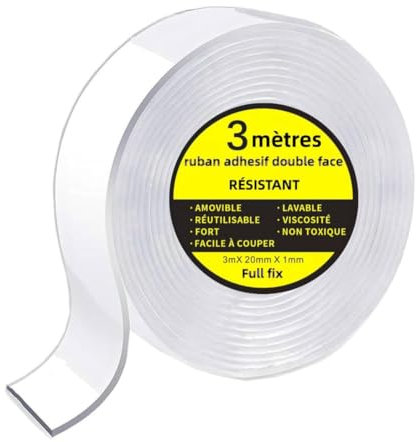 Double Face extra fort,Ruban adhésif Nano Tape – Rouleau 3m x 2cm – Adhésif Puissant Réutilisable, Transparent, Lavable – Fixation Sans Perçage pour Mur, Cuisine, Bureau, Voiture(3m x 20mm x 1mm)