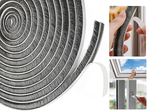 Draft Excluder for Doors Windows, 5 Meters(L) x 9 mm(W) x 5mm(T) Brush Weather Stripping Tape Self-Adhesive Seal Strip Grey