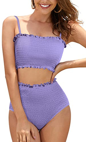SHEKINI Bikini smocké pour femme - Taille haute - Bandeau rembourré - Contrôle du ventre - Maillot de bain deux pièces, violet clair, S