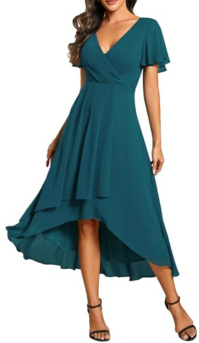 Ever-Pretty Vestidos de Invitada de Boda Elegantes Vestidos de Noche de Gasa Mujer Midi Cortos Vestidos de Novia Verde Azulado 36