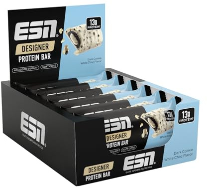 ESN Designer Bar Box, Dark Cookie White Choc, 12 x 45 g, der ideale Snack mit bis zu 13 g Protein pro Riegel - made in Germany
