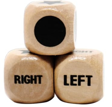Left Right Centre Dice Game, 3 Pcs 16mm 6 Sided Wooden Dices with Instructions, Easy to Store Standard Size Right Left Centre Dice Games