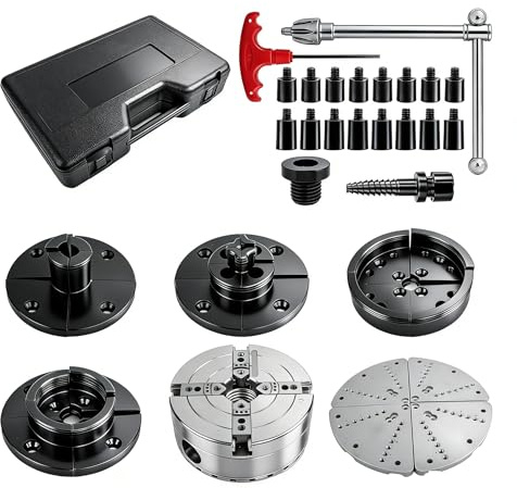 4 Inch Wood Lathe Chuck Set with 5 Jaws,1 x 8 tpi thread - High-Grade 45 Steel, Nickel Plated Self Centering 4 Jaw Wood Turning Chuck set