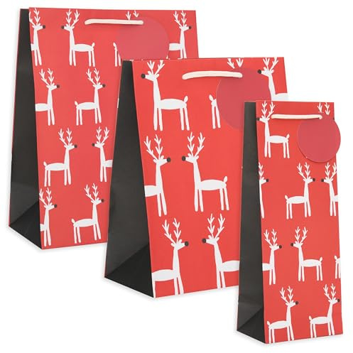 UK Greetings | Multipack of Giftbags for Him/Her/Friend | 1 Medium Gift Bag, 1 Large Gift Bag & 1 Bottle Bag | For Christmas Gifts | Reindeer Design