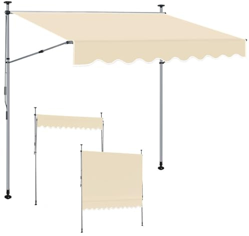 ISOISL Store à pince de 300 cm de large, protection solaire pour balcon, sans perçage, hauteur réglable 214 à 305 cm, store de balcon extensible jusqu'à 150 cm, en polyester 180 g/m², UV50+, beige