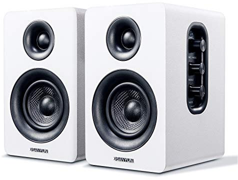 Sanyun SW208 3 Active Bluetooth 5.0 Bookshelf Speakers – 60W Carbon Fiber Unit - Built-in 24bit DAC - Dynamic 3D Surround Sound – 2.0 Computer PC Monitor Gaming Speakers (Pair, White)