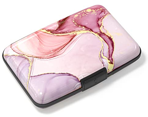 Atufsuat Credit Card Holder, Mini Aluminum Card Wallet RFID Blocking Slim Metal Hard Card Case for Women Men, Pink Marble