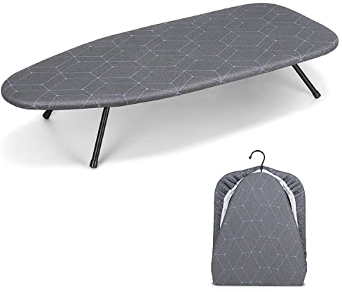Duwee Asse da stiro pieghevole da tavolo, piccola asse da stiro con feltrino da 10 mm, asse da stiro salvaspazio con gancio, 31 × 76 cm, grigio