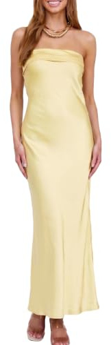 Realtix - Vestido largo de satén y seda para mujer, sin espalda con sujetador tipo bandó, espalda baja y diseño hueco, elegante, sin tirantes, para invitadas a bodas
