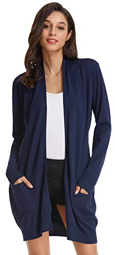 GRACE KARIN Damen Strickmantel Lang Sweater Langarm High Stretchy Casual Offene Strickjacke mit Taschen M Navy Blau