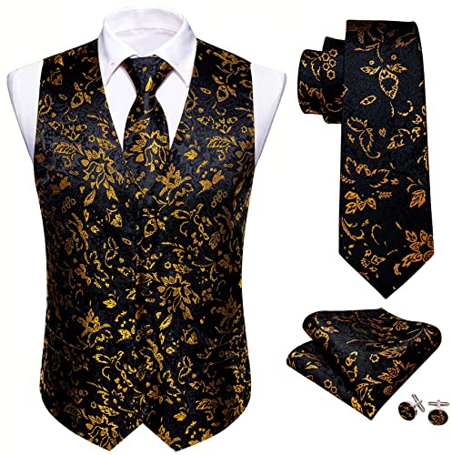 Barry.Wang Chaleco de cachemira para hombre, diseño de flores, jacquard, seda, cuello en V, chaleco y corbata de bolsillo, gemelos cuadrados para boda, esmoquin y baile de graduación, Oro negro., M