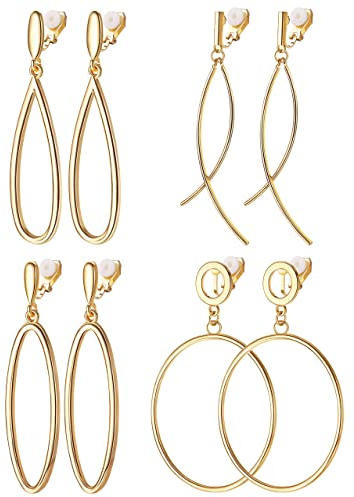 JeryWe 4 Paare Clip Ohrringe Damen Frauen Gold Twist Klobig Geometrisch Rund Huggie Hoop Nicht Stechende Ohne Ohrlöcher Chunky Ohrclips Creolen
