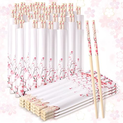 Suttmin 50 Pairs Cherry Blossom Chopsticks Bulk with Sleeved Blue Flower Disposable Bamboo Eucalyptus Chopsticks Wedding Favors Chinese Japanese Food Supply for Takeout Picnic(Cherry)