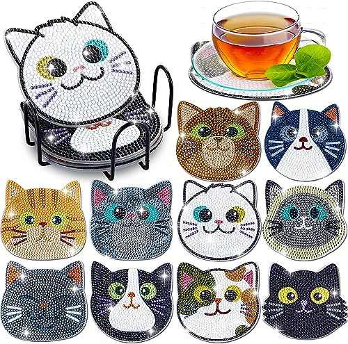 10PCs Diamond Painting Coasters Set - Cat Theme Diamond Art Coasters Painting Kits for Kids and Adult Diamond Dots, Arts and Crafts DIY Kits for Adults and Kids Beginners Supplies Gift