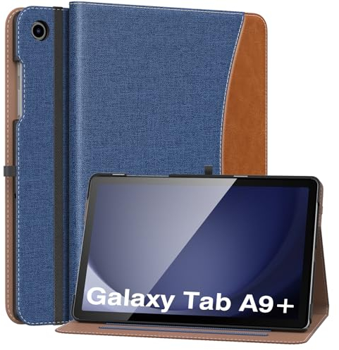 MoKo Case for Samsung Galaxy Tab A9 Plus 11 2023 (SM-X210/SM-X216/SM-X218), PU Leather Multi-Angle Viewing Folding Stand Cover Case with Hand Strap, Front Pocket, Auto Wake/Sleep, Denim Blue & Brown