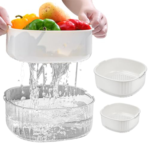 HEKOBAG 2 Set Multi-Functional Drain Basket, 2 in 1 Fruit Vegetable Washing Food Strainers Double Layered Plastic Strainer Basket BPA Free Drain Bowls for Cleaning Washing Mixing, Detachable