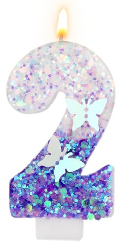 Velas de Números de Cumpleaños, 7,3 cm Vela de Mariposa Púrpura Velas de Números con Purpurina Decoraciones de Pastel Púrpura Velas de Números Lindas de Feliz Cumpleaños (Número 2)
