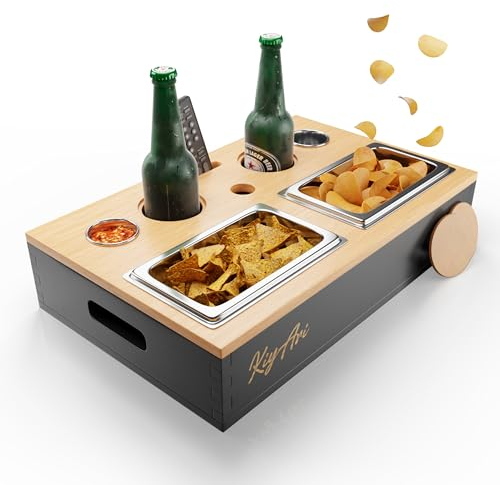 Couchbar Snackbox - Premium 2-in-1 Bambus Organizer mit 2 Snackschalen (750 ml), 2 Dip-Spendern (50 ml), Getränkehalter und abnehmbarem Magnetdeckel, Geschenk für Männer & Frauen