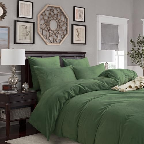 Gezu Ropa de cama de invierno de felpa cálida de 200 x 200 cm, verde oscuro, funda nórdica de doble cara, cachemira, franela, forro polar, tacto mullido, tela cálida, terciopelo, funda de edredón con