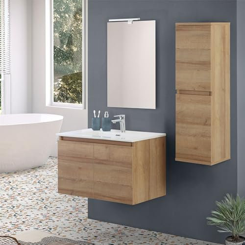 Inbagno Mobile bagno sospeso 80 cm rovere africa con 2 ante soft-close, lavabo in ceramica e specchio reversibile 60x80 cm, KLEO