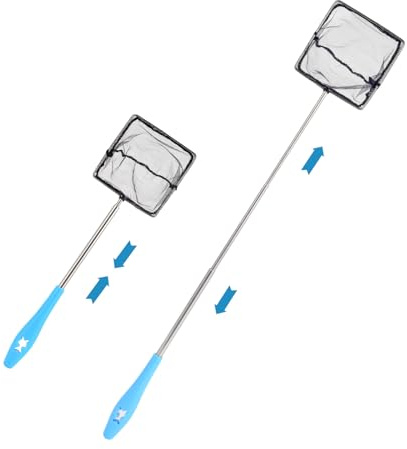 Épuisette Aquarium avec Manche Télescopique en Acier Inoxydable, pour Attraper Les Petits Poissons et Crevettes et Nettoyer L'aquarium, Version Actualisée - 10cm, Extensible 31-61cm, Bleu