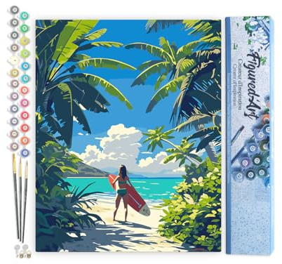 Figured'Art Peinture par Numéro Adulte Paradis tropical du surf - Activité Manuelle Kit de Loisir Créatif DIY Numéro d'Art Complet - 40x50cm sans châssis en bois