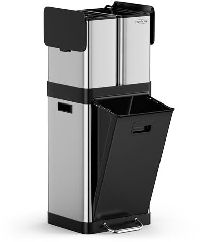 VonHaus Kitchen Triple Bin, 32L Vertical Recycling Bin, Stainless Steel Three Section Food Waste Separation System, 1 x 20L Main Compartment & 2 Removeable 6L Counter Top Caddies, Narrow Trash Can