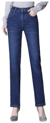 Lazutom Pantalon en jean à jambe droite doublé en polaire pour femme - Taille haute - Ajustement stretch - Grandes tailles - Denim épais et chaud pour l'automne et l'hiver, bleu foncé, 38