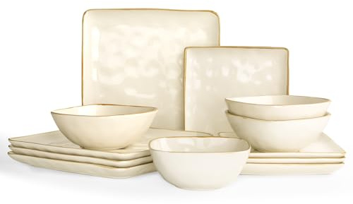 Richmount Steingut Geschirrset 4 Personen, Serie Ocean 12-tlg Quadratishes Geschirr Set, Teller Set pülmaschinen- mikrowellen- kratzfest für Tafelservice mit Reaktiver Glasur, Essgeschirr, Beige