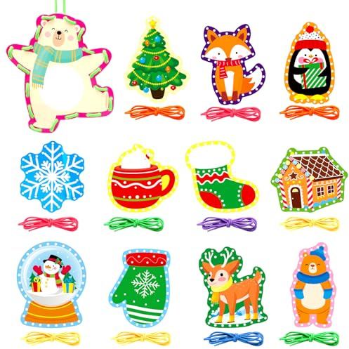 Omlisca Winter Animal Lacing Cards 12 Packs Double Sided Sewing Kits Christmas Sewing Cards Educational & Learning Activities Fine Motor Skill for Kids School Supplies Winter Holiday Party Decor