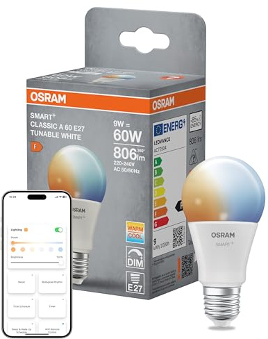 Osram SMART+ LED-Lampe, A60, 9W, 2700–6500K, E27, Kolbenform, Tunable White, dimmbar, steuerbar mit App oder Sprache, Matter kompatibel