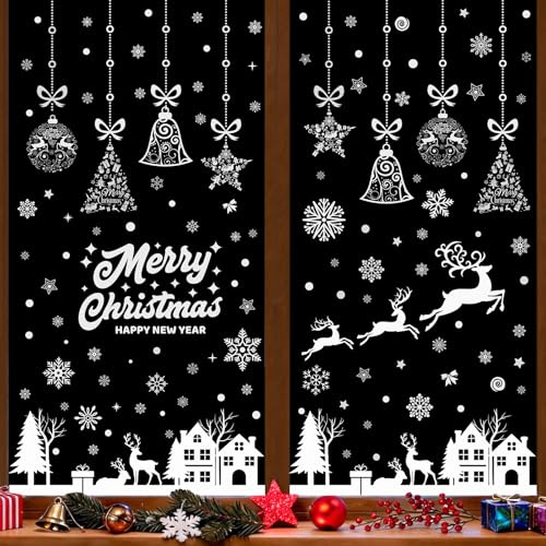 Nepfaivy Pegatinas Navidad Ventanas Adornos - 195 Piezas Adhesivos Navideños de Vinilo Reutilizables, Pegatinas de Doble Cara Con Copos Nieve, Papá Noel y Renos Removibles para Decorar Cristales
