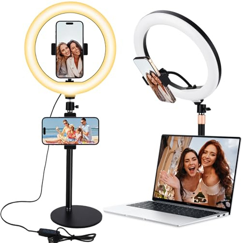 IGUGI Ring Light avec Trépied,10,2 LED Anneau Lumineux Réglable,3 Modes d'Eclairage et 10 Niveaux de Luminosité,Ring Light Anneau Lumière de Bureau Rotatif à 360° pour Maquillage et Photographie