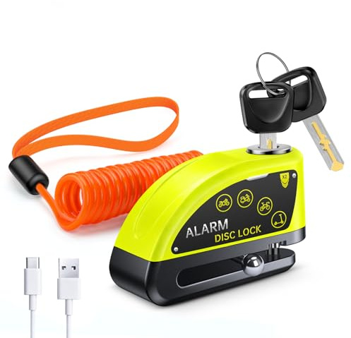 Motorcycle Disc Lock with Alarm, Electric Scooter Lock Heavy Duty Anti-Theft with 120dB Alarm, 5FT Reminder Cable for Helmet Anti-Theft, Rechargeable (Green)