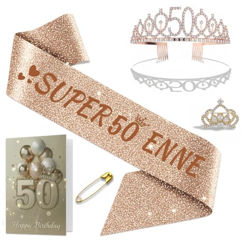 NEONSKY Fascia Compleanno Donna con Corona e Spilla Mini Corona, Set Regalo Elegante per 18 21 30 40 50 60 70 80 Anni, Include Fascia Personalizzata, Corona, Biglietto con Busta Kraft (50 anni)
