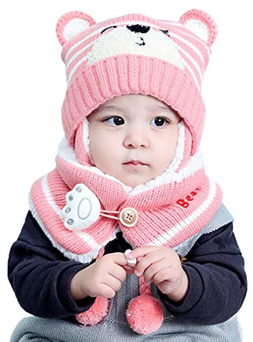 YONKOUNY Chapeau Bonnet Enfant Hiver Bébé + Echarpe Chaud Mignonne Bonnet Beanie Laine Crochet Chapeaux Tricoté Set pour Filles Garçons