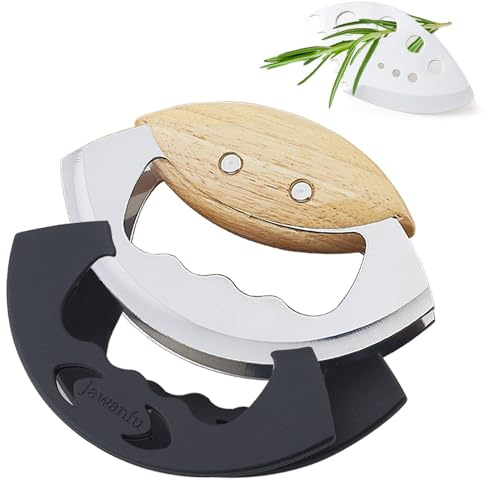Jawanfu Salad Chopper Tools, Finely Chopped Salad Mezzaluna Knife | Ultra-Sharp Double Stainless Steel Blades , Comfortable Wood Handle, Protective Cover, Handheld Salad Cutter