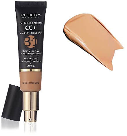 PHOERA Anti-Aging Color Correcting Full Coverage Cream Foundation SPF 25+ Revitalizing & Younger infused Concealer with Vitamins For dark circles, acne scars, wrinkles & redness. (Buff Beige)