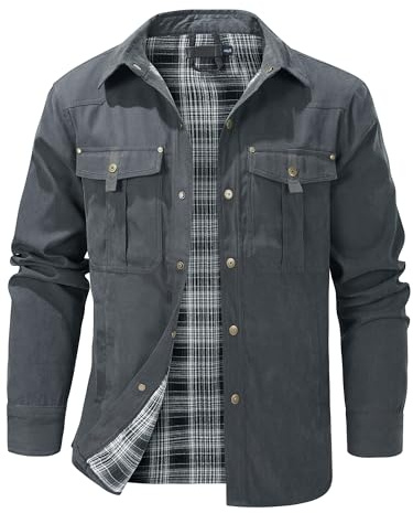 Mr.Stream Herren Karierte Flanellfutter Jacke Übergangsjacke Leicht Stehkragen Feldjacke Cargo Herbstjacke Snap Western Cowboy Jacken 3268 Grey 2XL