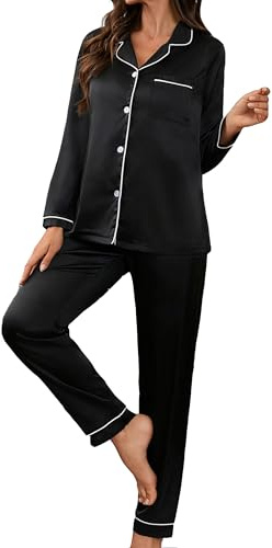 YUSHOW Pyjama Femme en Satin Ensemble Pijamas Boutonnée Manches Longues Légère 2 Pièce Vêtements de Nuit en Soie Sleepwear Pjs Set pour Printemps été Automne,Noir,L