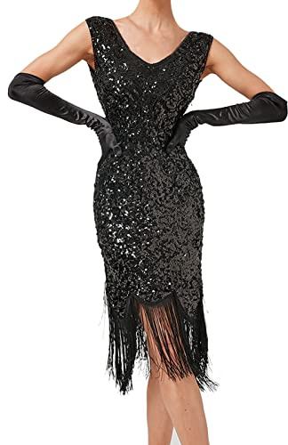 KBOPLEMQ Charleston Costume da donna anni '20 Abito da sera Vestito Vintage Gloria Abito da cocktail da donna Great Gatsby Dress Retro Bodycon Vestiti Flapper Lungo Abito estivo Abiti con paillettes